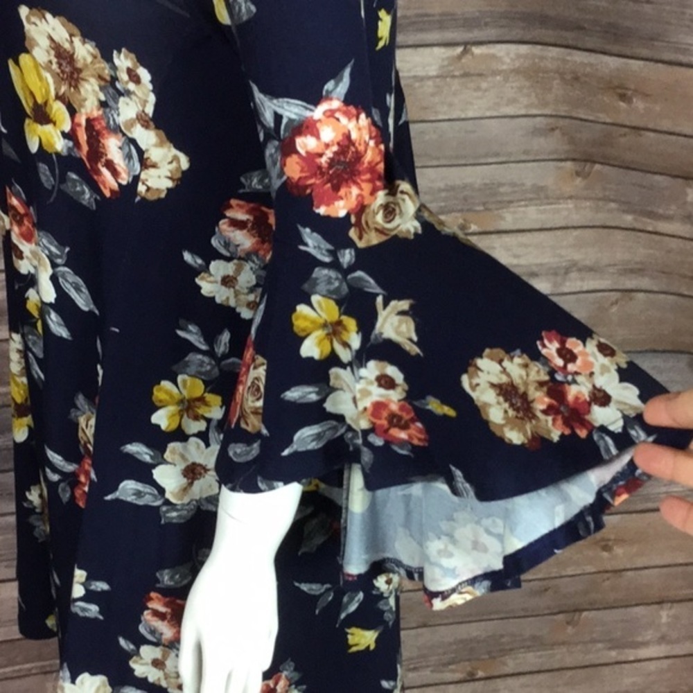 MTS Boho Dark floral choker mini dress ruffle sleeve Small pullover flowy - Picture 6 of 6